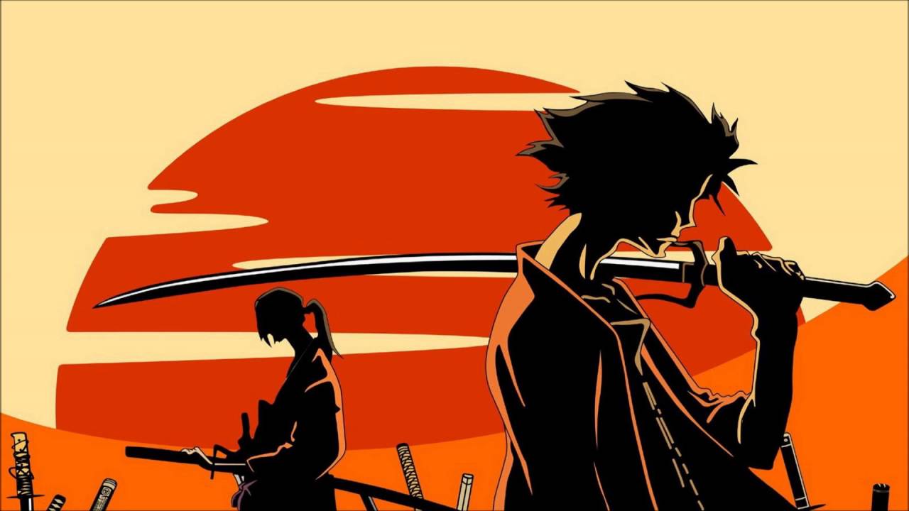A vibrant illustration of two Samurai holding their swords and looking pensive while the sun sets.